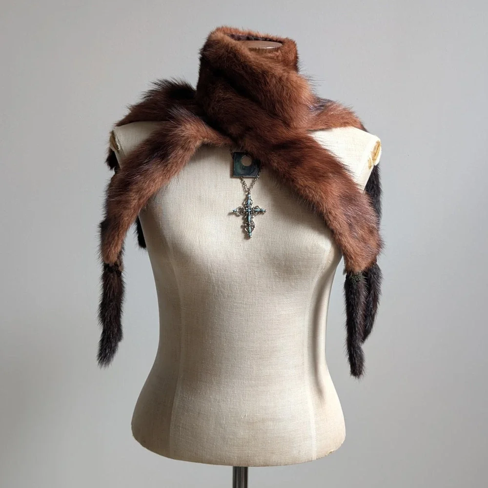 Vintage Red Mink Fur Stole Glam Mobwife Shrug Luxury Scarf Shawl Furry Collar